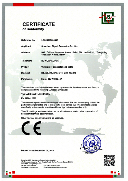 CHINA Shenzhen Rigoal Connector Co.,Ltd. certificaten