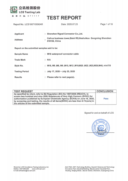 CHINA Shenzhen Rigoal Connector Co.,Ltd. certificaten